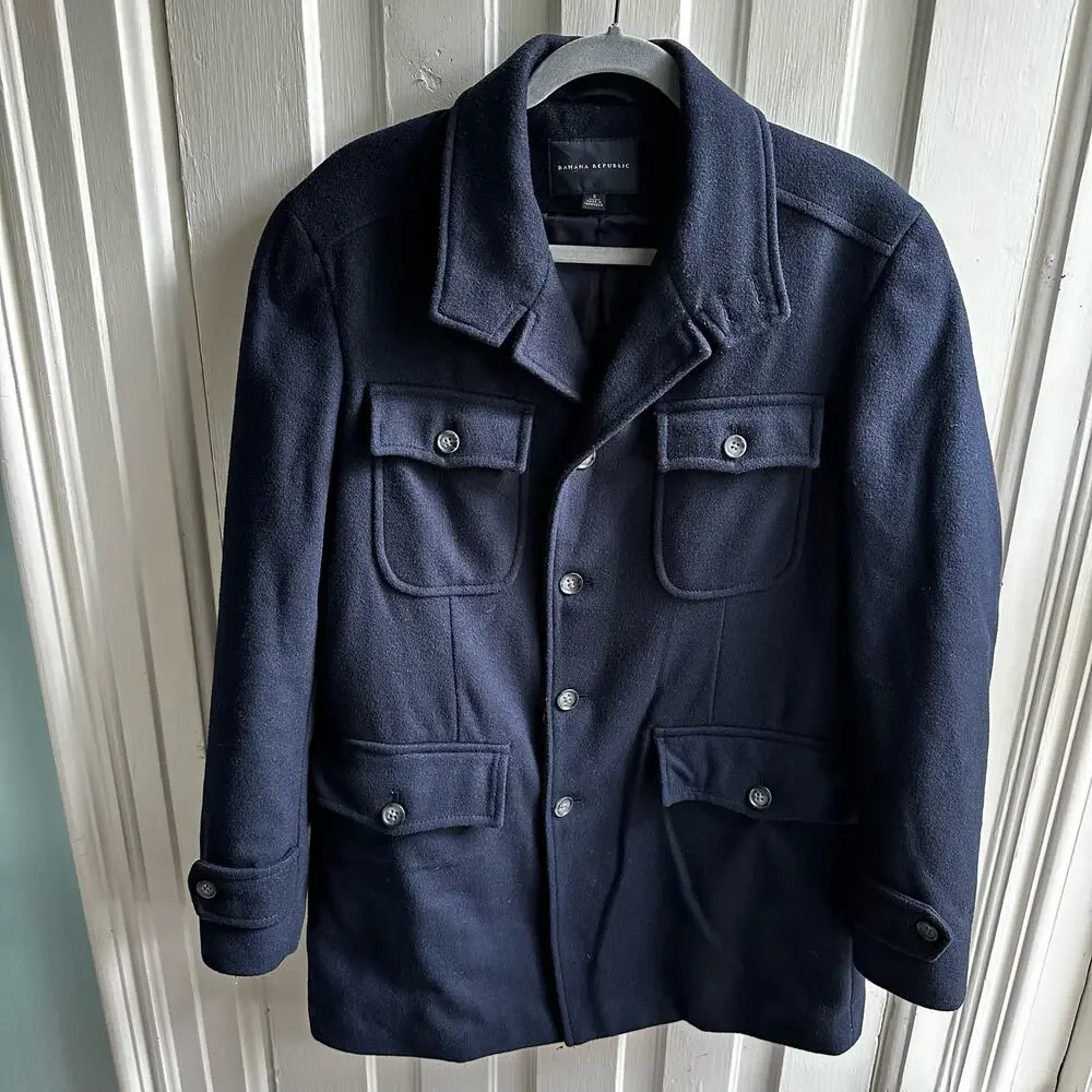 Banana Republic Wool Military Top Coat Navy Blue